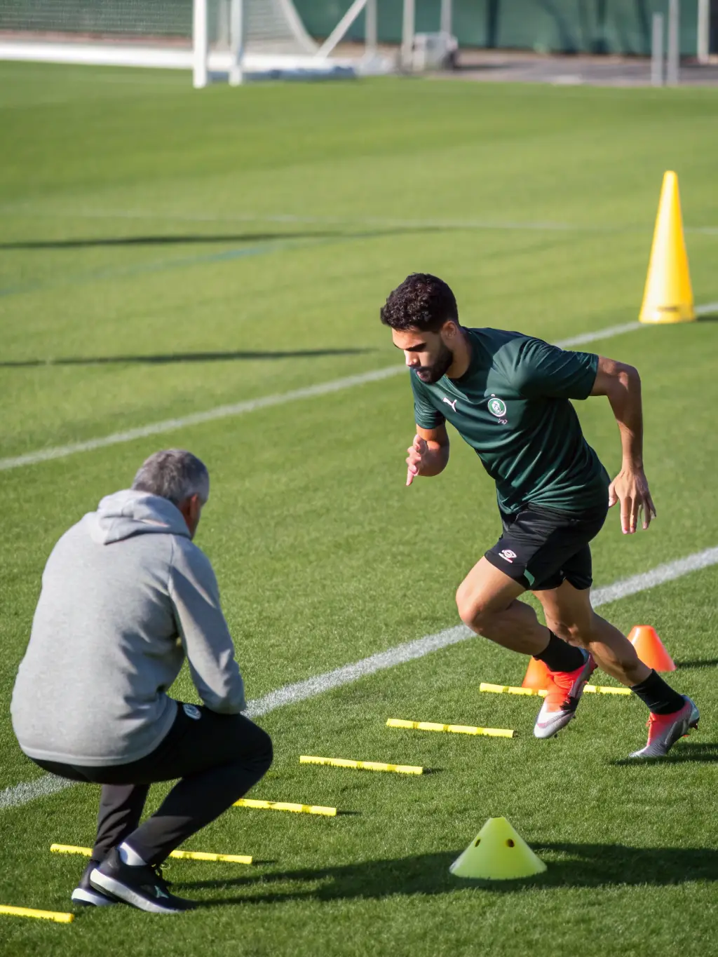 A young football player in a Vyonic academy, performing a dribbling drill with cones, showcasing agility and ball control, under the guidance of a coach using data analytics tools.