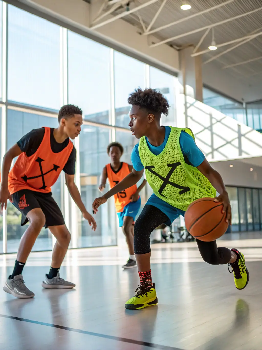 Image of young athletes training at a Vyonic sports academy, showcasing advanced equipment and expert coaching in a dynamic, high-energy environment.