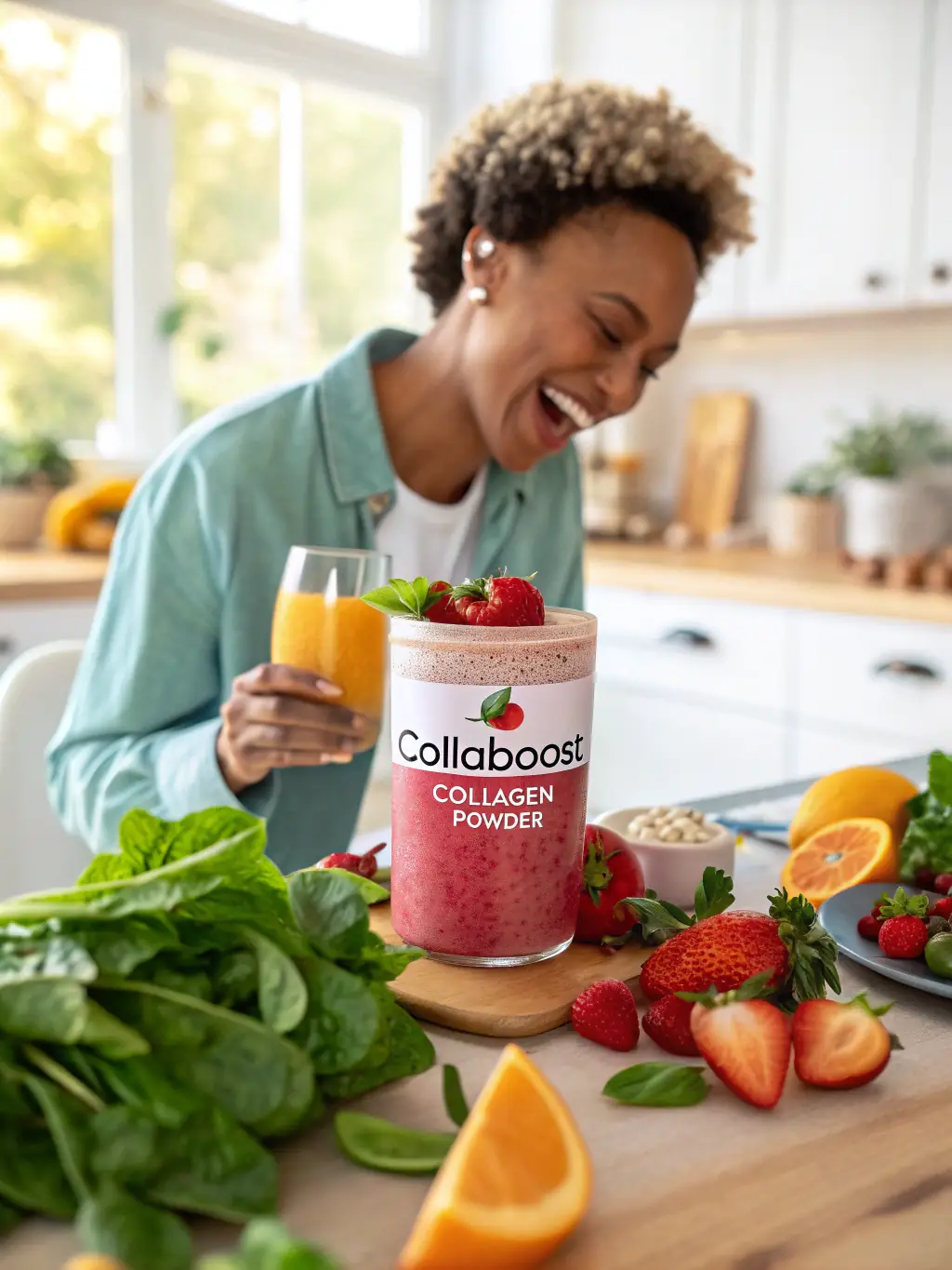 A visually appealing shot of Vyonic's 'Recovery Blend' protein powder being mixed into a smoothie, with fresh fruits and vegetables surrounding it.