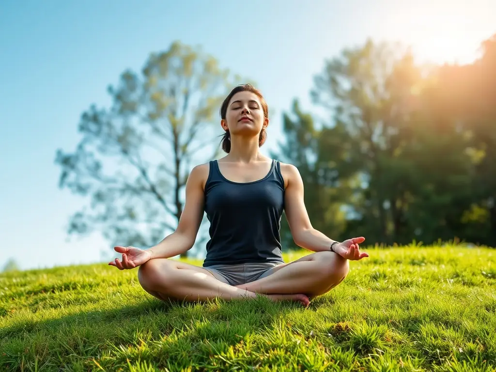 An individual meditating outdoors in a natural setting, promoting mental wellness and connection with nature. The scene is peaceful and inspiring.