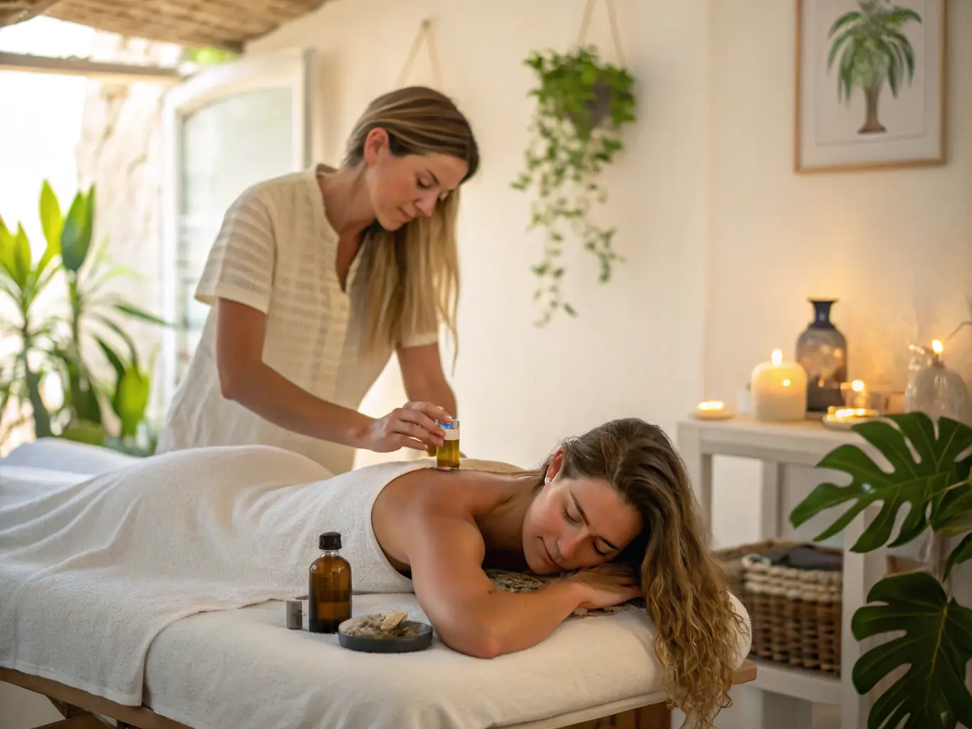 A person receiving a sports massage, highlighting muscle recovery and relaxation. The setting is a modern spa with soft lighting and calming ambiance.