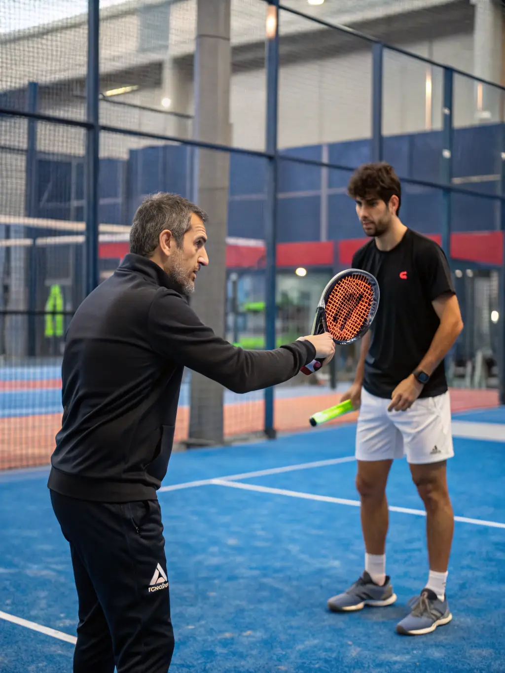 Padel players in a Vyonic academy, participating in a match strategy session, with coaches analyzing gameplay data to identify areas for improvement, showcasing the mental aspect of the sport.