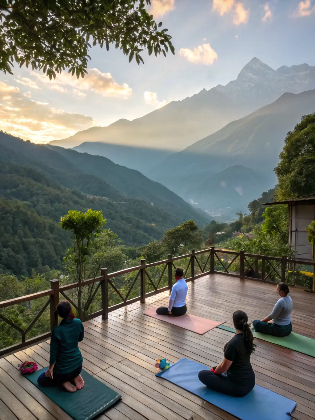 Image of a family participating in a Vyonic wellness retreat, featuring activities like yoga, healthy cooking classes, and nature walks in a serene setting.