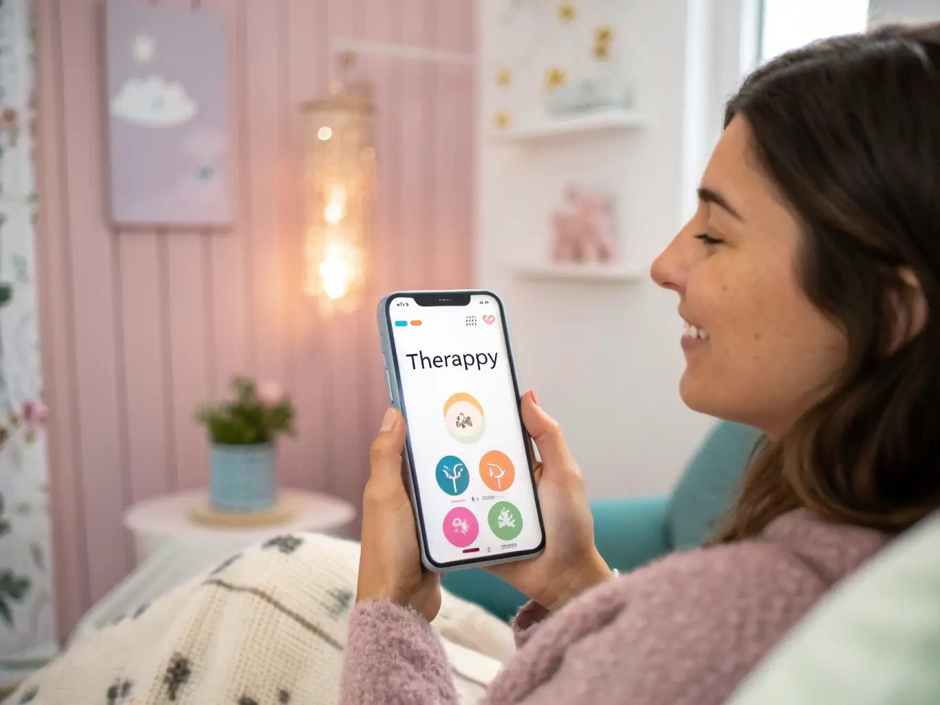 A person using the Vyonic app to access wellness resources, such as guided meditations and nutritional advice.