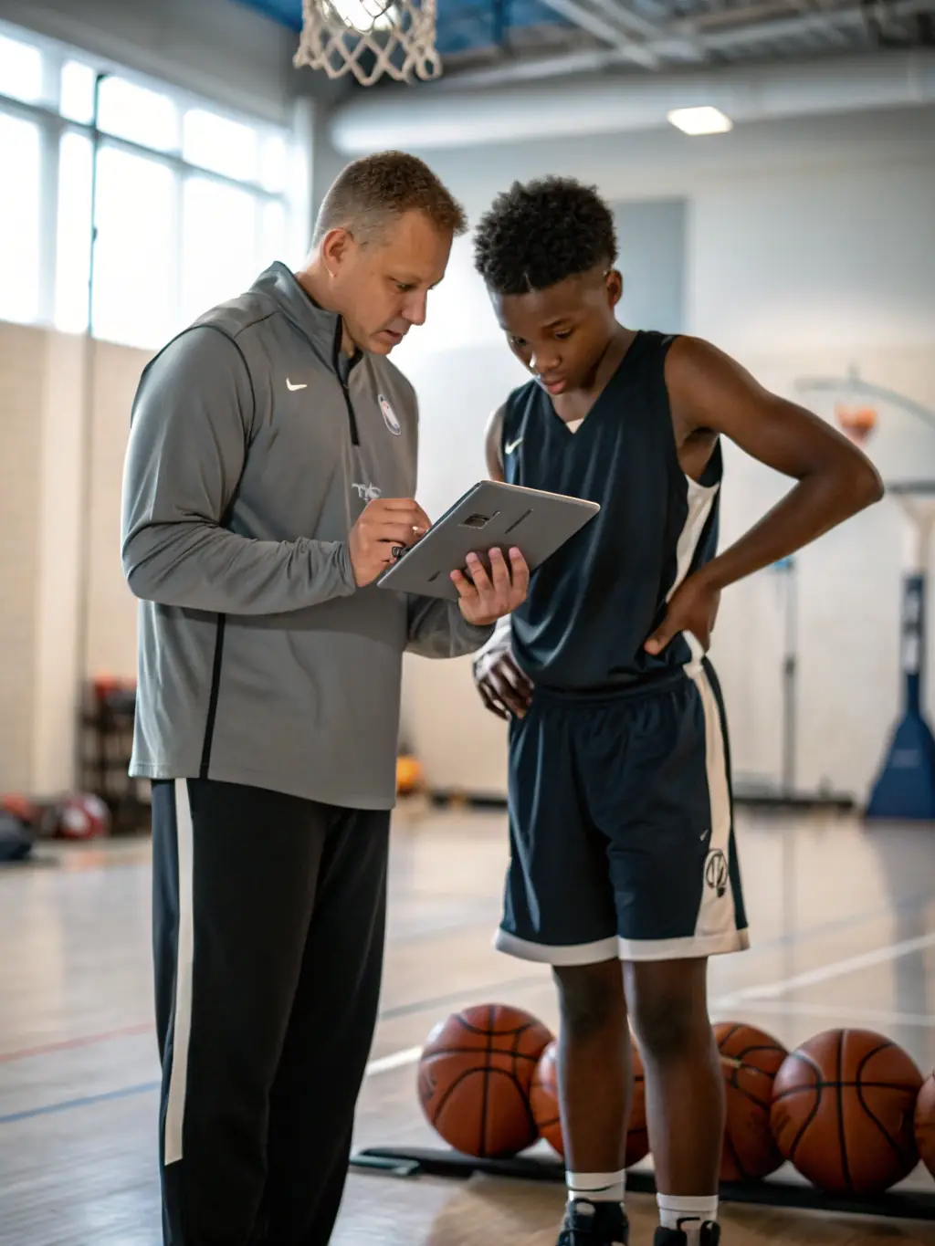 A basketball player in a Vyonic academy, working on shooting form with a coach providing feedback based on motion capture analysis, highlighting the use of technology in skill development.