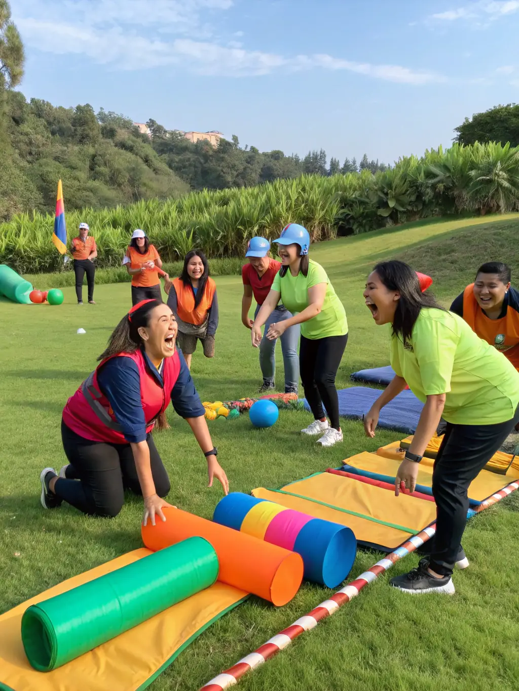 Image of corporate employees engaged in a Vyonic-led team-building exercise, emphasizing collaboration, communication, and stress management in a professional setting.