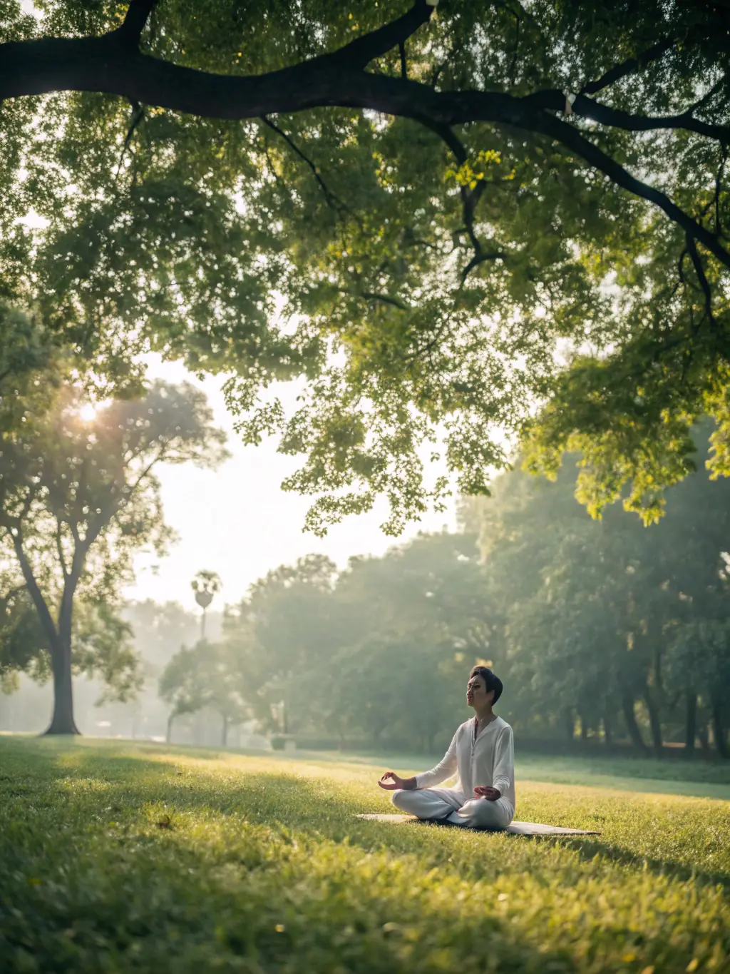 A person wearing Vyonic's stylish athletic apparel, specifically a moisture-wicking t-shirt, while engaged in a yoga pose in a serene outdoor setting.