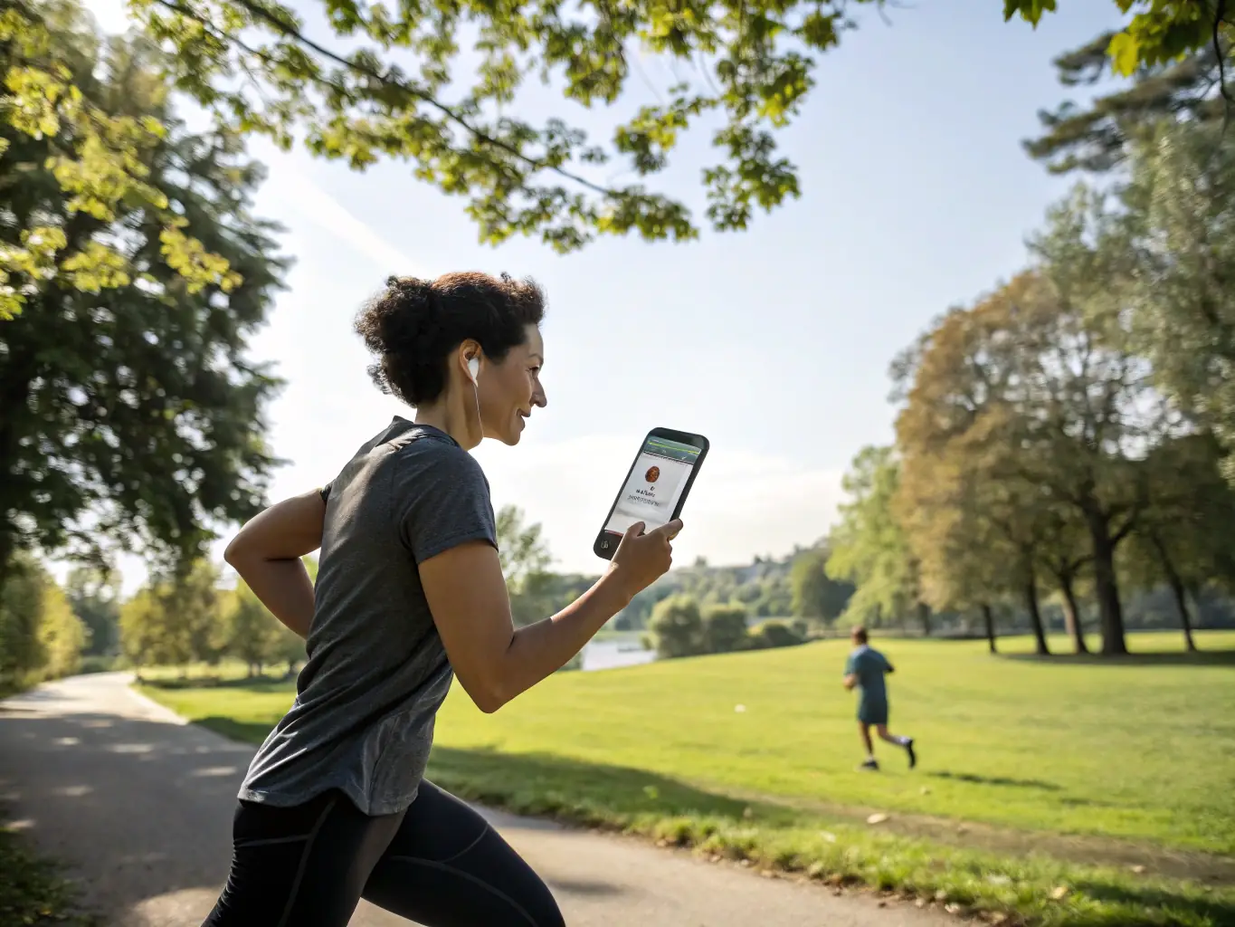 A person using the Vyonic app on their smartphone while running on a track, showcasing the app's real-time performance tracking feature.